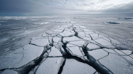 Wide view of fractured ice sheets on a frozen expanse, showing the natural beauty and harsh conditions of the Arctic environment during daytime under overcast skies.の素材