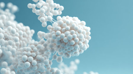 Clusters of white spherical particles create an intricate pattern against a calming blue backdrop. The scene highlights the beauty of microscopic structures resembling molecular designs.の素材
