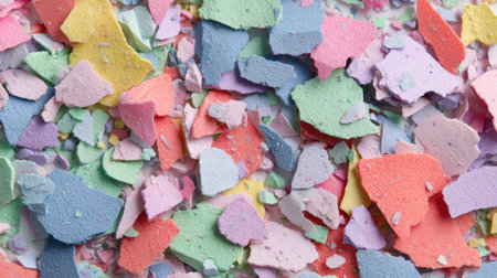 Small shards of colorful chalk in various pastel shades are spread across a flat surface. These fragments suggest recent artistic activity in a creative setting.の素材