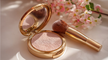 A golden makeup compact with a soft blush inside rests next to a fluffy brush and pink flowers on a light background, creating a serene beauty scene.の素材