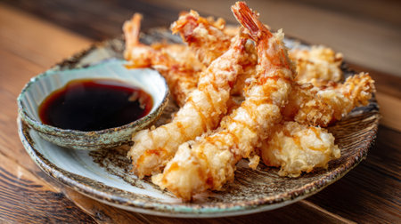 A plate holds several golden-brown shrimp tempura next to a small dish of dark dipping sauce. The wooden table adds a warm touch to this appetizing dish.の素材