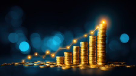 Golden coins are stacked in a rising pattern, symbolizing growth and prosperity. The background features a soft blue blur, enhancing the focus on the coins.の素材