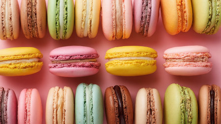 A vibrant display of macarons in different flavors and colors is arranged neatly on a soft pink background. Each macaron has its unique texture and hue, highlighting the variety available.の素材