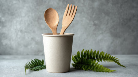 A cup holds wooden utensils, including a spoon and fork, placed alongside green ferns. The scene has a minimalistic and natural feel, suitable for a kitchen setting.の素材