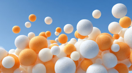 Bright orange and white spheres scatter against a clear blue sky, presenting a joyful scene that evokes a sense of fun and creativity. This lively display captures attention with its vibrant colors.の素材