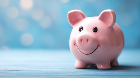 A happy pink piggy bank is placed on a soft blue surface. The piggy bank features a friendly smile and looks inviting. Soft bokeh lights create a cheerful atmosphere.の素材