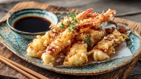 Shrimp tempura is arranged on a traditional blue plate next to a small bowl of dark dipping sauce. The setting is warm and inviting, perfect for enjoying a tasty meal.の素材