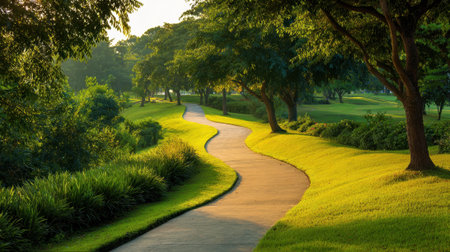 A serene park scene shows a winding path surrounded by vibrant green grass and trees. The warm glow of sunset enhances the peaceful atmosphere.の素材