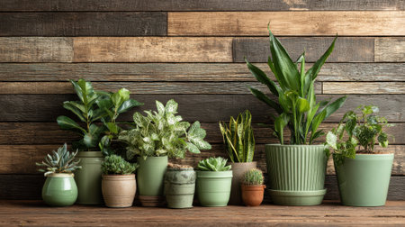 A variety of indoor plants are arranged neatly on a wooden shelf. The display features different sizes and types of pots, showing green leaves and vibrant textures.の素材