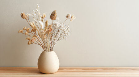 A beautiful arrangement of dried flowers sits in a simple vase on a wooden table, creating a warm and inviting atmosphere with a soft neutral wall behind it.の素材