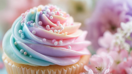 A delicious cupcake is topped with swirls of pastel pink and blue frosting, decorated with colorful sprinkles. Nearby, soft flowers create a cheerful atmosphere.の素材