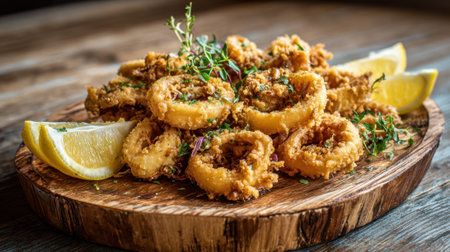 A delicious serving of crispy fried calamari is arranged artistically on a wooden platter, accompanied by fresh lemon wedges and herbs. Enjoyed in a cozy dining setting.の素材