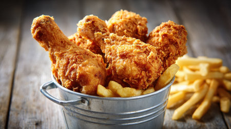 Juicy fried chicken drumsticks are piled high in a metal bucket, accompanied by crispy French fries, creating a tempting meal on a wooden surface.の素材