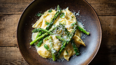 A delicious plate of fresh pasta is topped with tender asparagus and a creamy sauce, garnished with gratified cheese. This meal is perfect for a cozy dinner.の素材
