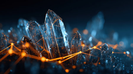 This scene showcases dazzling crystals illuminated by warm light against a dark backdrop, creating a serene and mesmerizing atmosphere that invites wonder and curiosity.の素材
