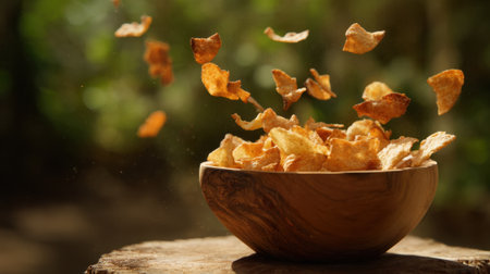 Potato chips leap from a wooden bowl in a lush outdoor setting. Sunlight filters through the trees, creating a vibrant and lively atmosphere perfect for snacking and enjoying nature.の素材