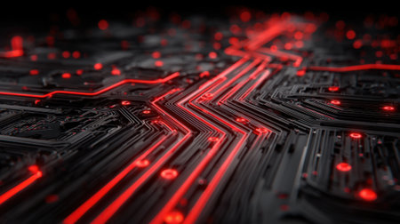 Red lights illuminate complex circuits on a dark surface, creating a striking visual of modern technology. The design emphasizes detailed connections and pathways in electronic systems.の素材