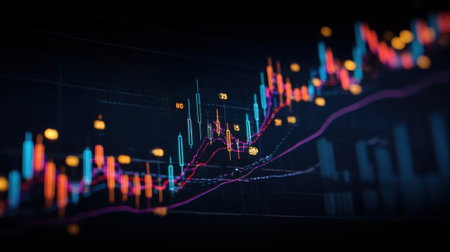 Colorful lines and data points illustrate stock market trends, showing fluctuations in prices over time. This digital display captures market dynamics effectively.の素材