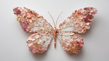 Brightly colored paper pieces form a beautiful butterfly, showing an elaborate arrangement of pastel shades. This artwork emphasizes creativity and artistic design, perfect for decoration.の素材