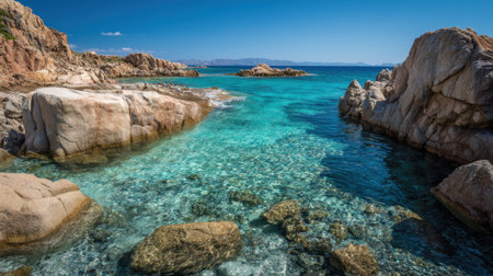 Crystal clear waters reflect the bright sky, surrounded by rugged rocks and gentle waves. This serene seaside scene invites relaxation and exploration under the warm sun.の素材