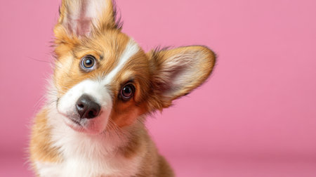 A corgi puppy tilts its head with a cute and curious look against a vibrant pink backdrop. Its big blue eyes sparkle as it showcases its playful nature.の素材