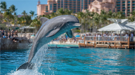 A dolphin performs an impressive leap above the sparkling turquoise water in a tropical setting. Palm trees and a resort provide a vibrant backdrop for this exciting display.の素材