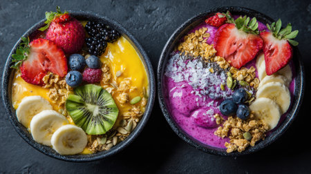 Two vibrant smoothie bowls sit on a dark surface, one filled with yellow fruit and the other with a purple blend, both topped with various berries, sliced bananas, and granola.の素材