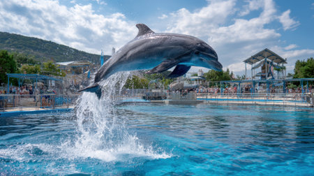 A dolphin jumps high out of the water at a marine park while a crowd watches in delight. The sun shines brightly, enhancing the cheerful atmosphere of the event.の素材