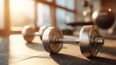 Dumbbells rest on the floor of a gym, illuminated by warm morning light coming through large windows. The atmosphere is calm, inviting a focus on fitness and strength.の素材