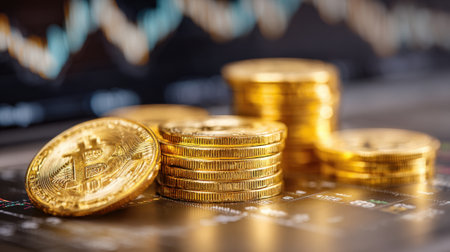 Golden bitcoin coins are neatly stacked next to a digital trading chart. This scene represents the increasing focus on cryptocurrency and investment opportunities in the finance market.の素材