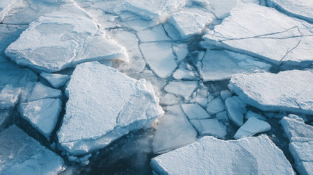 Ice pieces break apart on the surface of a frozen body of water, reflecting winter's chill. The clear blue water is partially visible between the jagged ice formations.の素材