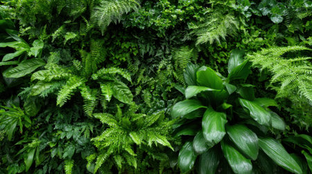 A vibrant display of various green plants creates a lush vertical garden. Different leaf shapes and sizes add texture and interest to the peaceful scene filled with greenery.の素材