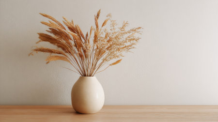 A beautifully arranged bouquet of dried grasses is placed in a simple vase on a wooden table. Soft natural light highlights the textures, creating a calm atmosphere.の素材