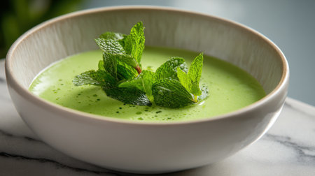 A vibrant green soup made with fresh mint leaves is elegantly presented in a white bowl. The creamy texture and bright color create an inviting dish perfect for any meal.の素材