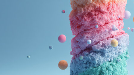 Fluffy cotton candy piled high in vibrant layers of pink, purple, blue, and green stands against a clear blue sky. Its playful appearance invites joy and nostalgia, perfect for festivities or fairs.の素材