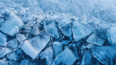 Cracked ice pieces rest on the surface of a quiet lake, reflecting the tranquil blue hues of winter. The scene captures the beauty of nature in a cold season.の素材