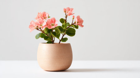 A small potted plant with pink flowers sits in a chic round pot on a plain white table. The arrangement adds a touch of nature and freshness to the indoor space.の素材