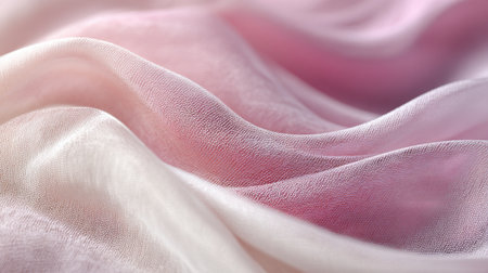 Soft pink fabric elegantly flows in gentle waves, creating a calming visual. The light fabric glimmers subtly, highlighting its texture and color in a tranquil scene.の素材