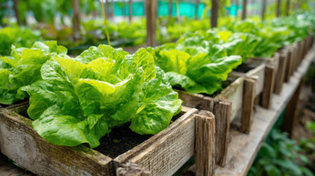 Lettuce plants thrive in wooden planters at a garden nursery. Sunlight illuminates the green leaves, showing healthy growth in a nurturing environment.の素材