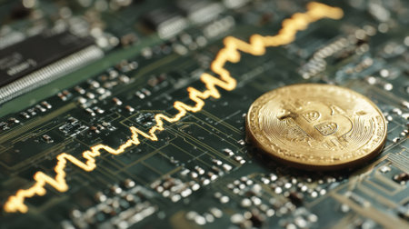 A golden Bitcoin coin rests on a green circuit board, with a line graph illustrating its fluctuating value. The scene captures the essence of cryptocurrency market trends.の素材