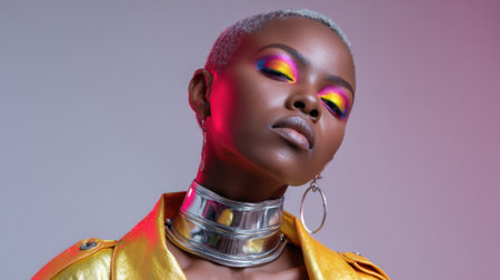 A model poses confidently in a brightly colored outfit with striking makeup. The background complements the bold style, highlighting her unique look and expression.の素材
