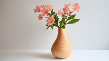 Delicate pink flowers are elegantly arranged in a smooth wooden vase, placed on a clean, simple table background, creating a serene atmosphere.の素材