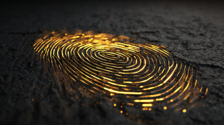A glowing fingerprint is displayed on a dark and textured surface. The golden lines create a striking contrast against the background, inviting thoughts about identity and individuality.の素材