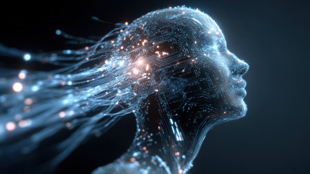 A human-like figure made of glowing circuits and light is depicted in a futuristic style.の素材