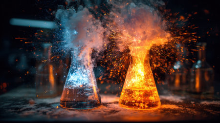 Two laboratory flasks react with colorful chemicals, producing bright blue and orange smoke and sparks. The scene is filled with excitement and energy typically seen in scientific experiments.の素材