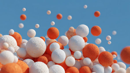 Floating spheres in orange and white blend against a clear blue sky, creating an eye-catching display. The arrangement showcases depth and movement, evoking a sense of whimsy and imagination.の素材