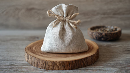 A small linen bag tied with twine is placed on a rustic wooden platter. The natural setting includes dried herbs nearby, creating an earthy atmosphere.の素材