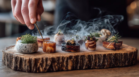 A chef delicately places a piece of food on a wooden platter, surrounded by smoke and garnishes. The scene captures the essence of gourmet cuisine in an elegant restaurant setting.の素材