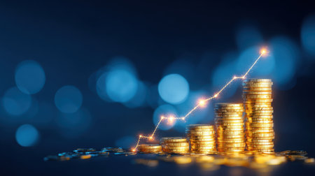 Stacks of gold coins rise in height, symbolizing increasing investments. A glowing line ascends alongside the coins, set against a blue background at night, conveying financial growth.の素材