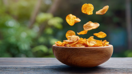 Freshly made potato chips hover above a wooden bowl, showing their crunchiness. A vibrant outdoor background adds to the lively atmosphere of the moment.の素材